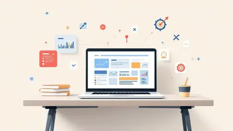 Minimalist laptop with colorful website and digital marketing icons