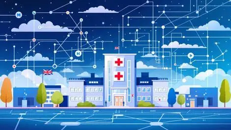 Modern uk hospital building digital network lines computers british flag