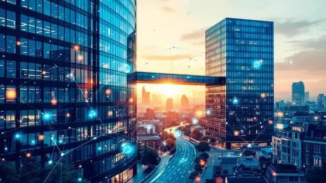 Illustration two business buildings merging digital network bridge european cityscape