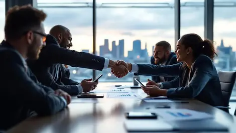 Uk office execs handshake managed mobility investment meeting