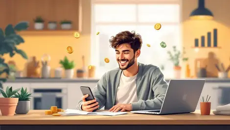 Young uk adult budgeting in london flat smartphone laptop finances