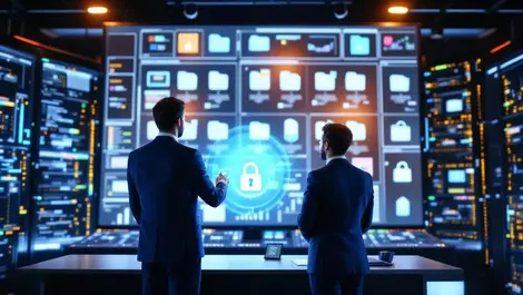 Financial data center control room compliance automation scene